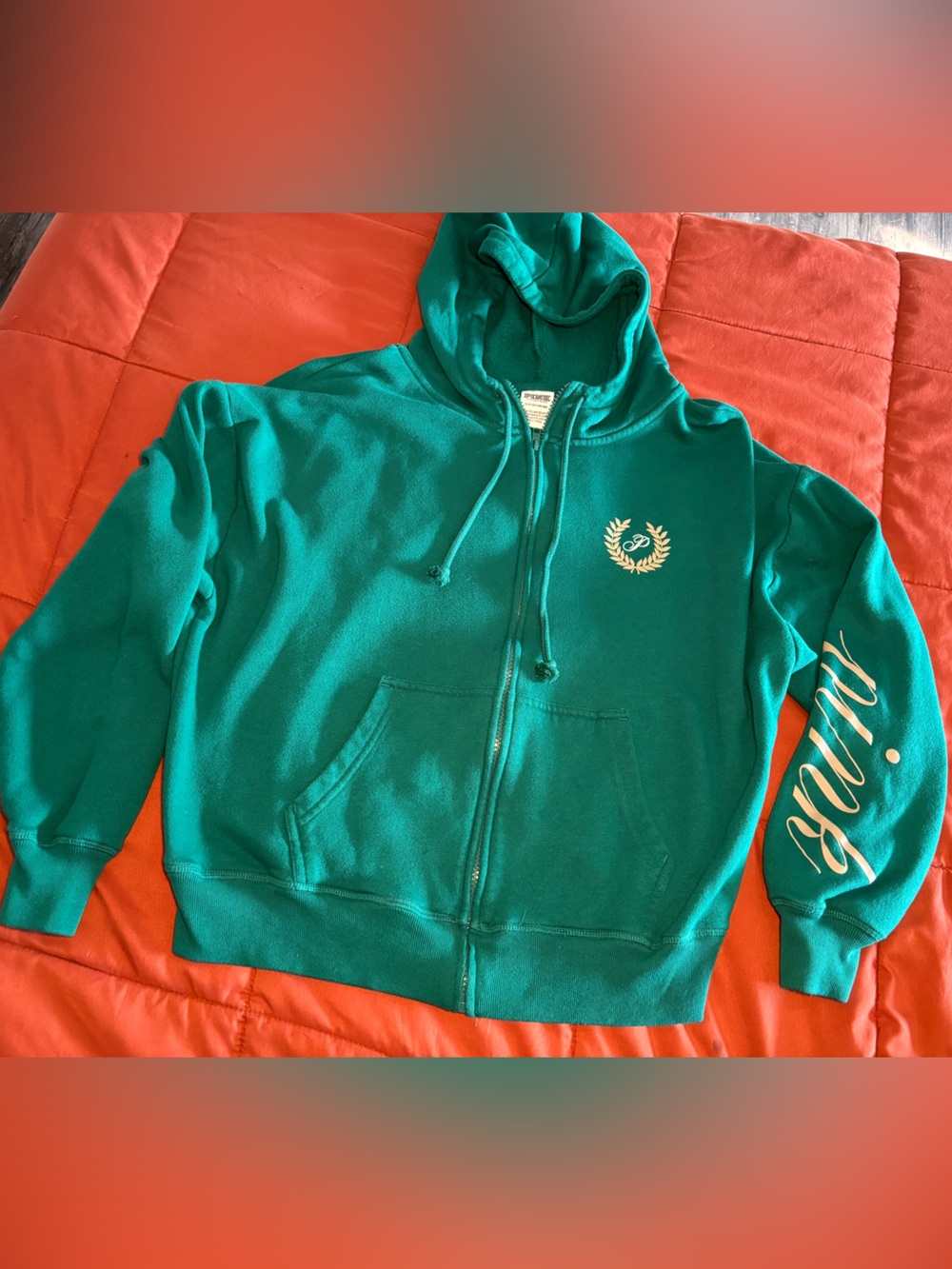 PINK Victoria's Secret Green Teal Hooded Zip-Up Sweatshirt with Script Sleeve